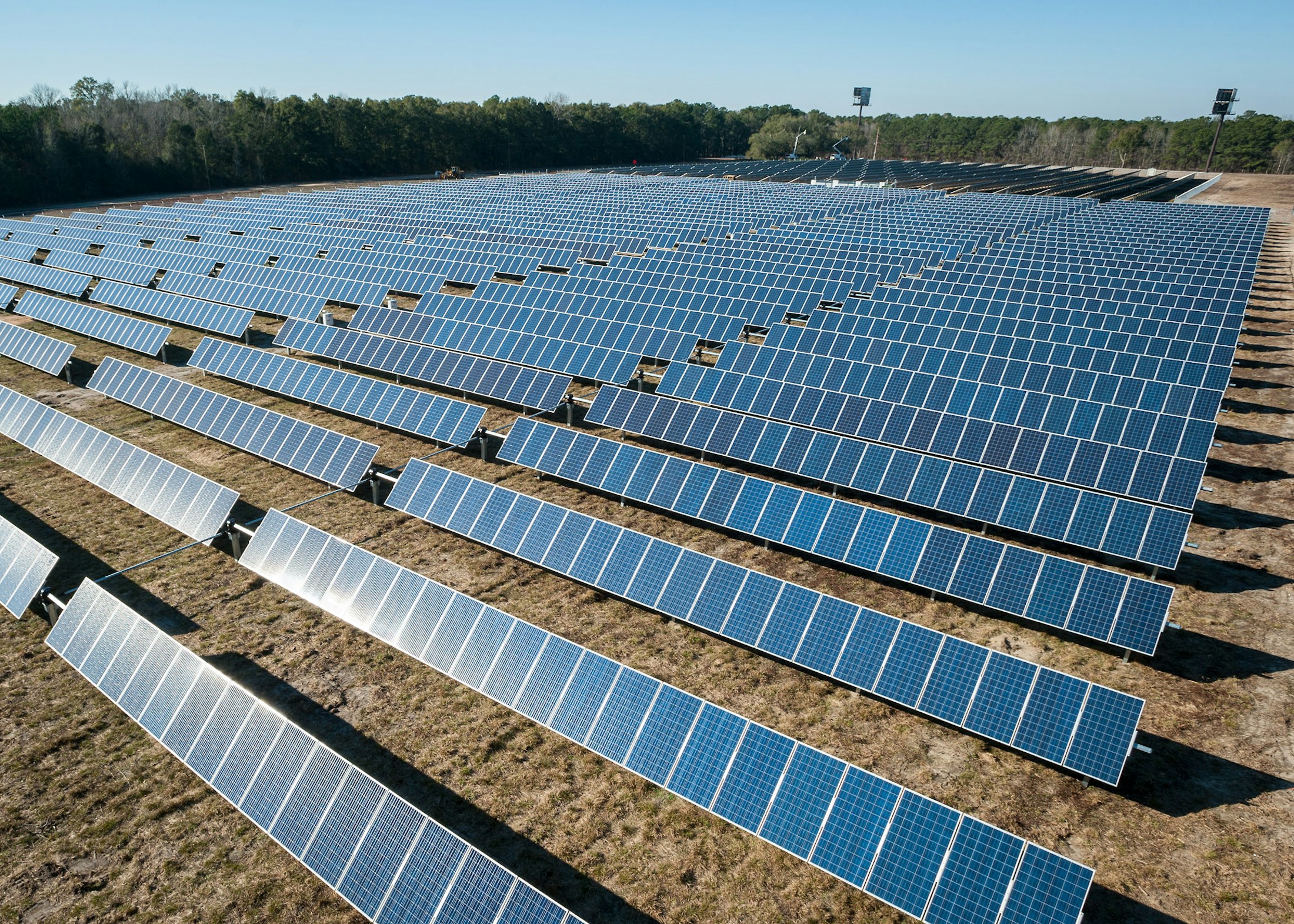 Aerial view of a ground-mounted solar plant